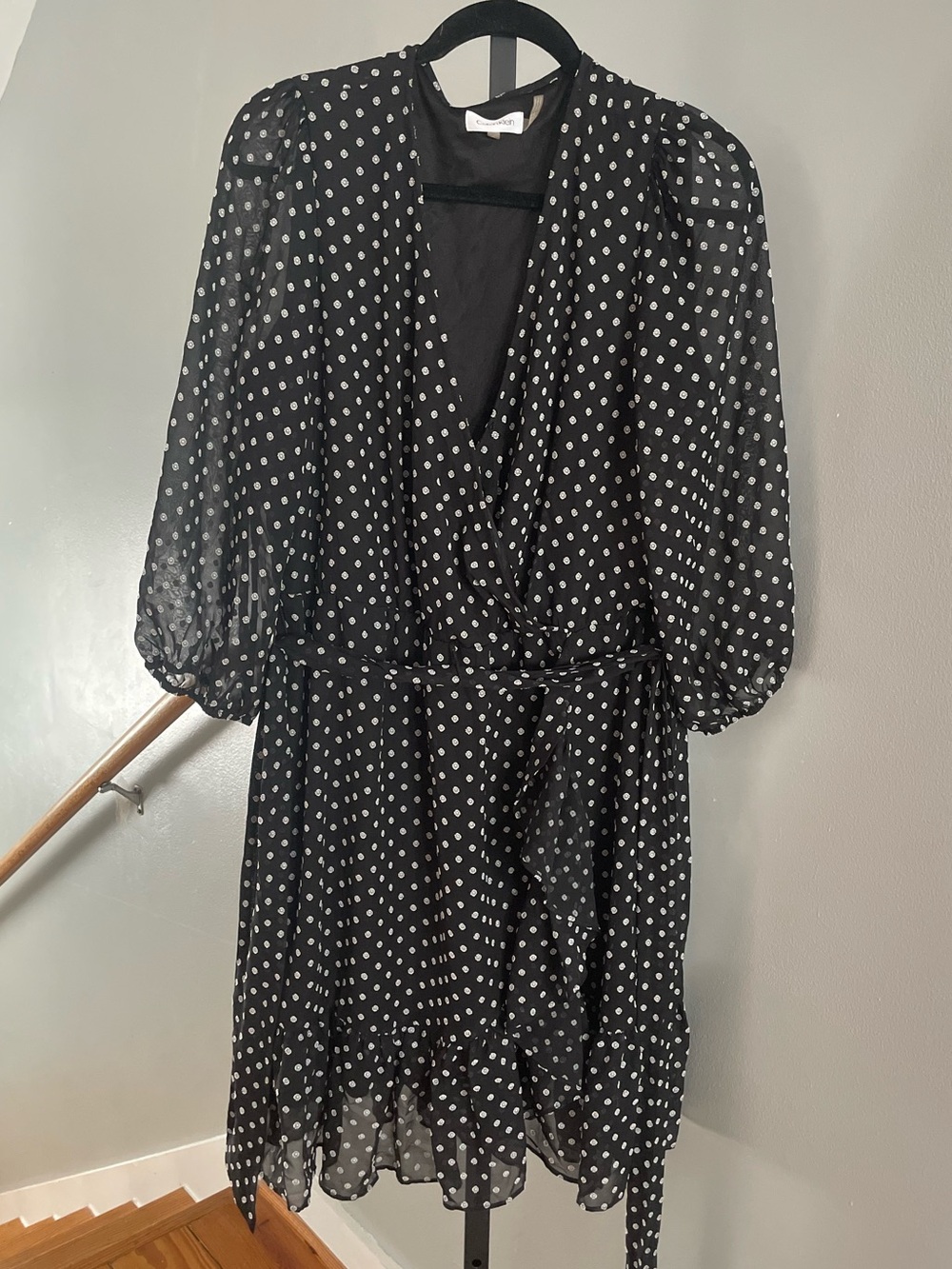 Calvin Klein Belted Sleeved Polka Dot Dress Size XL